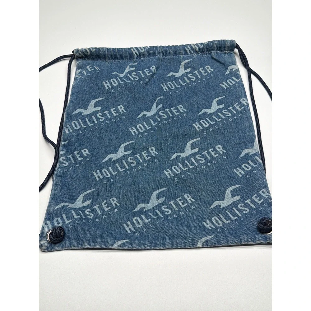Hollister Denim Drawstring Backpack Blue Logo Print Beach Gym Travel Bag